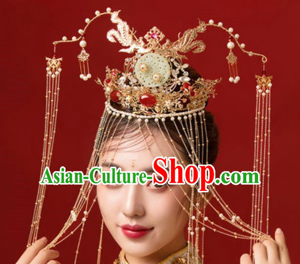 Traditional Chinese Wedding Jade Phoenix Coronet Hair Accessories Ancient Bride Tassel Hairpins Complete Set