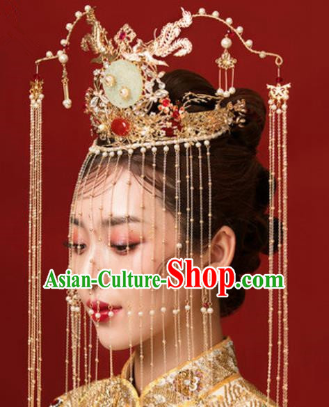 Traditional Chinese Wedding Jade Phoenix Coronet Hair Accessories Ancient Bride Tassel Hairpins Complete Set