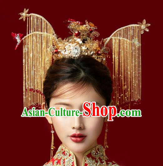 Traditional Chinese Wedding Luxury Tassel Phoenix Coronet Hair Accessories Ancient Bride Hairpins Complete Set