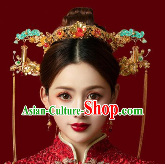 Traditional Chinese Wedding Luxury Blueing Cloud Phoenix Coronet Hair Accessories Ancient Bride Hairpins Complete Set