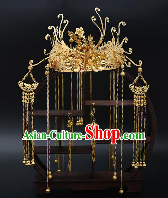 Traditional Chinese Wedding Luxury Golden Phoenix Coronet Hair Accessories Ancient Bride Hairpins Complete Set