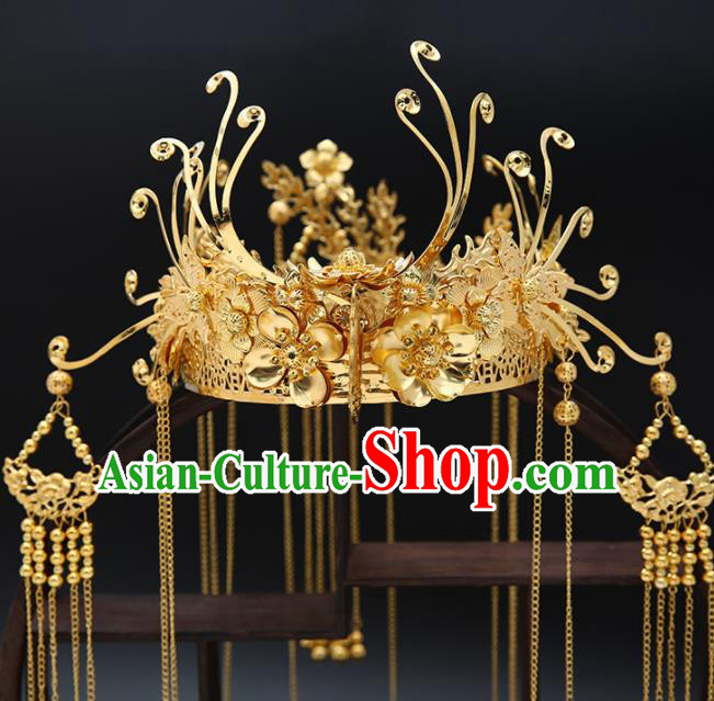 Traditional Chinese Wedding Luxury Golden Phoenix Coronet Hair Accessories Ancient Bride Hairpins Complete Set