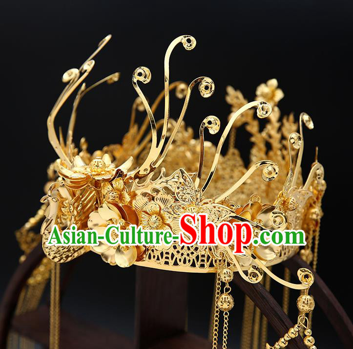 Traditional Chinese Wedding Luxury Golden Phoenix Coronet Hair Accessories Ancient Bride Hairpins Complete Set