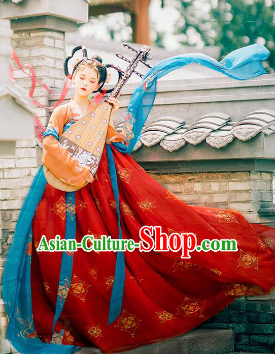 Traditional Chinese Tang Dynasty Royal Princess Replica Costumes Ancient Flying Apsaras Red Hanfu Dress for Women