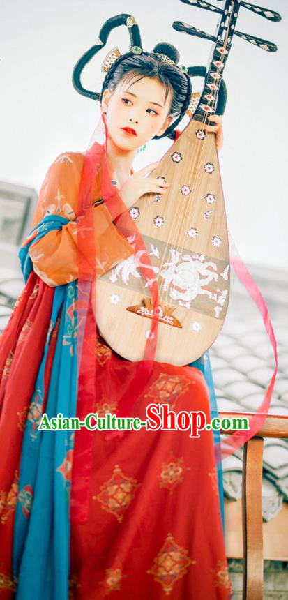 Traditional Chinese Tang Dynasty Royal Princess Replica Costumes Ancient Flying Apsaras Red Hanfu Dress for Women