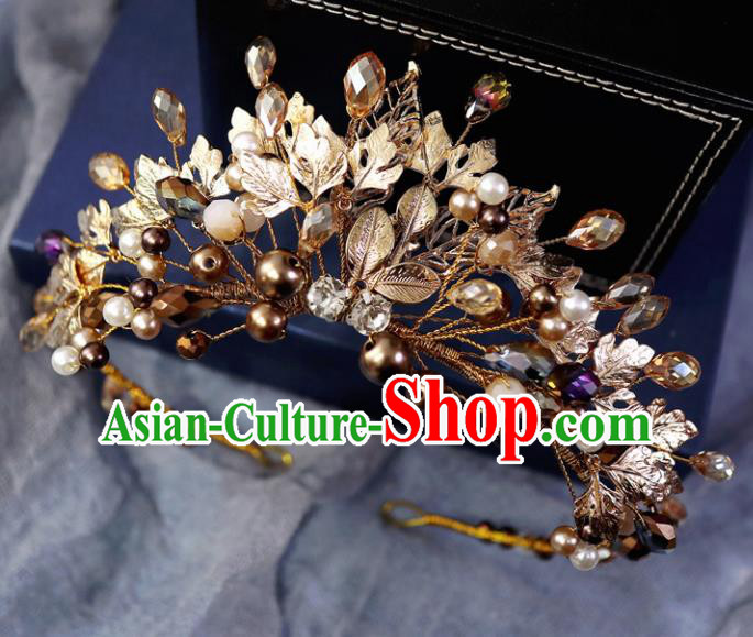 Handmade Baroque Princess Golden Leaf Royal Crown Children Hair Clasp Hair Accessories for Kids