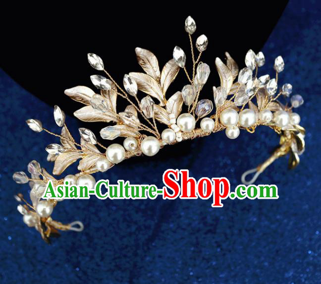 Handmade Baroque Princess Golden Leaf Pearls Royal Crown Children Hair Clasp Hair Accessories for Kids