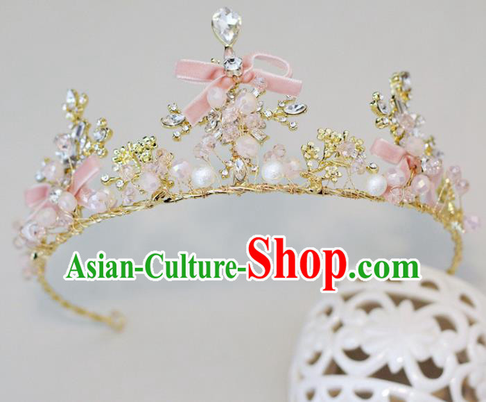 Handmade Baroque Princess Pink Bowknot Royal Crown Children Hair Clasp Hair Accessories for Kids