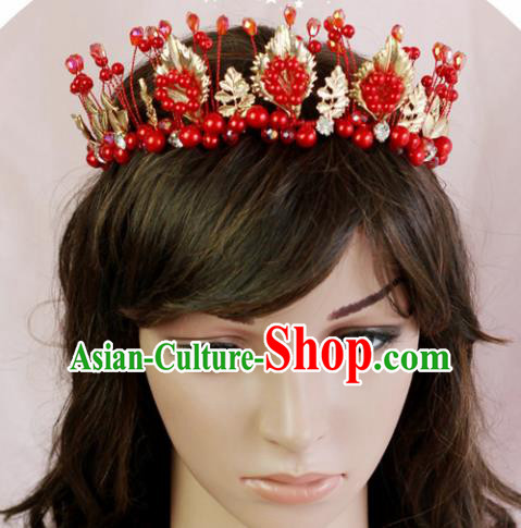 Handmade Baroque Princess Red Beads Royal Crown Children Hair Clasp Hair Accessories for Kids