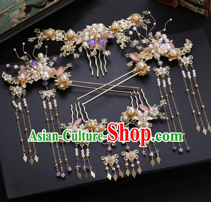 Traditional Chinese Wedding Hair Comb Handmade Ancient Bride Hairpins Hair Accessories Complete Set