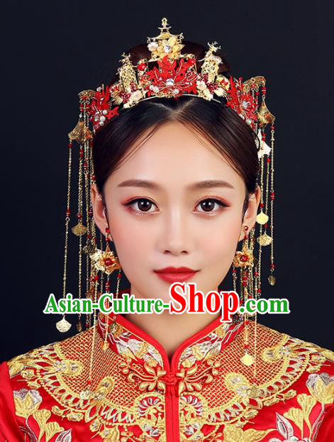 Traditional Chinese Wedding Red Leaf Phoenix Coronet Handmade Ancient Bride Hairpins Hair Accessories Complete Set