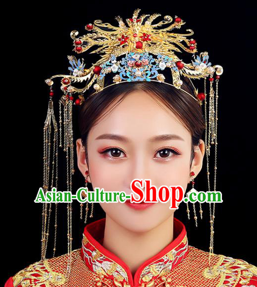 Traditional Chinese Wedding Golden Phoenix Coronet Handmade Ancient Bride Hairpins Hair Accessories Complete Set