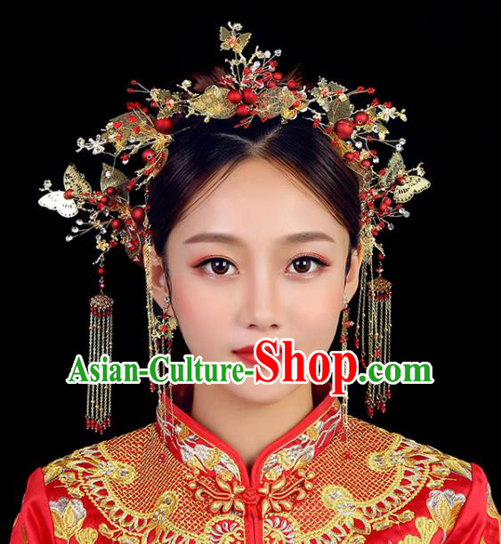 Traditional Chinese Wedding Golden Butterfly Phoenix Coronet Handmade Ancient Bride Hairpins Hair Accessories Complete Set