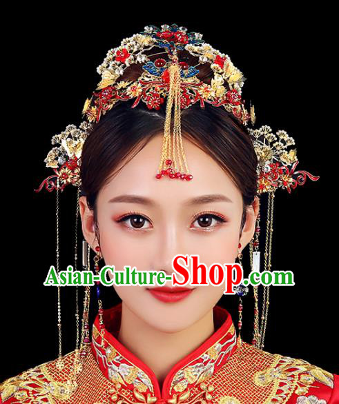 Traditional Chinese Wedding Blueing Phoenix Coronet Handmade Ancient Bride Hairpins Hair Accessories Complete Set