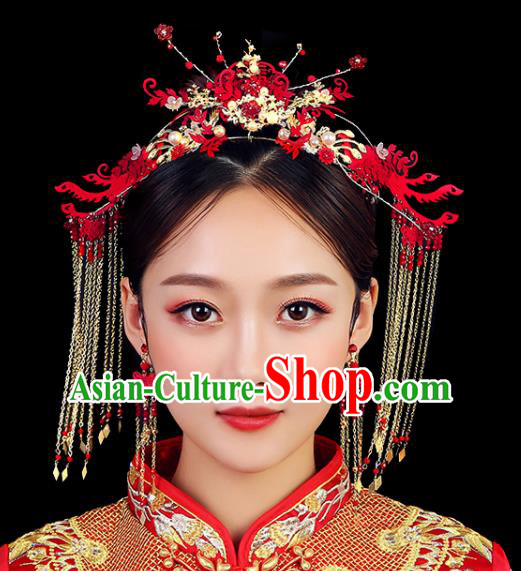 Traditional Chinese Wedding Handmade Red Phoenix Coronet Ancient Bride Hairpins Hair Accessories Complete Set