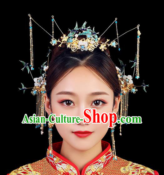 Traditional Chinese Wedding Handmade Blueing Birds Phoenix Coronet Ancient Bride Hairpins Hair Accessories Complete Set