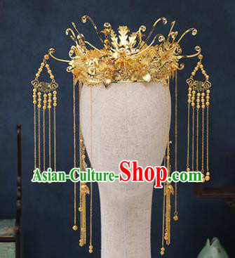 Traditional Chinese Wedding Handmade Golden Phoenix Coronet Ancient Bride Hairpins Hair Accessories Complete Set