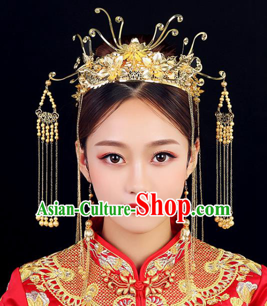 Traditional Chinese Wedding Handmade Golden Phoenix Coronet Ancient Bride Hairpins Hair Accessories Complete Set