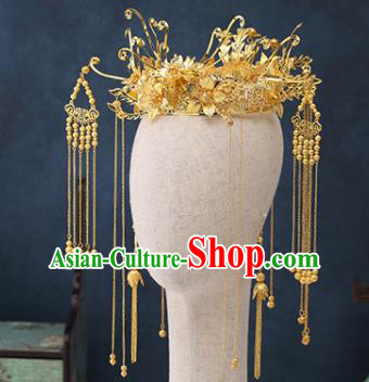 Traditional Chinese Wedding Handmade Golden Phoenix Coronet Ancient Bride Hairpins Hair Accessories Complete Set