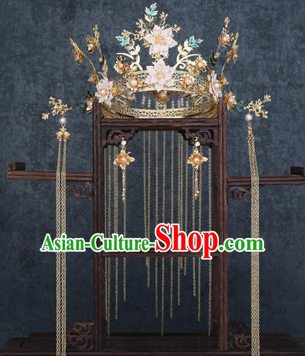 Traditional Chinese Wedding Handmade Flowers Phoenix Coronet Ancient Bride Hairpins Hair Accessories Complete Set