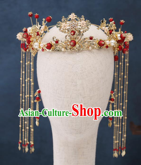 Traditional Chinese Wedding Handmade Red Beads Phoenix Coronet Ancient Bride Hairpins Hair Accessories Complete Set