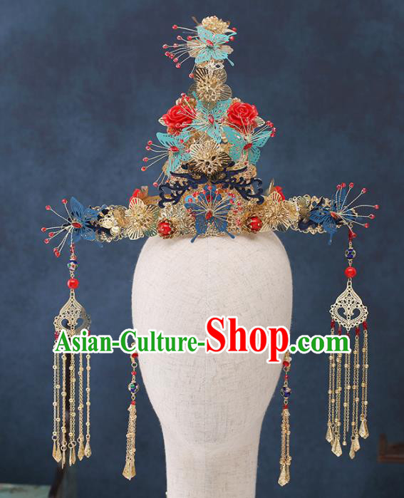 Traditional Chinese Wedding Handmade Red Roses Phoenix Coronet Ancient Bride Hairpins Hair Accessories Complete Set