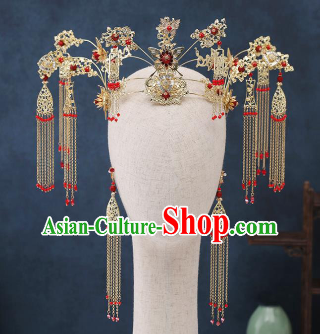 Traditional Chinese Wedding Handmade Golden Tassel Phoenix Coronet Ancient Bride Hairpins Hair Accessories Complete Set