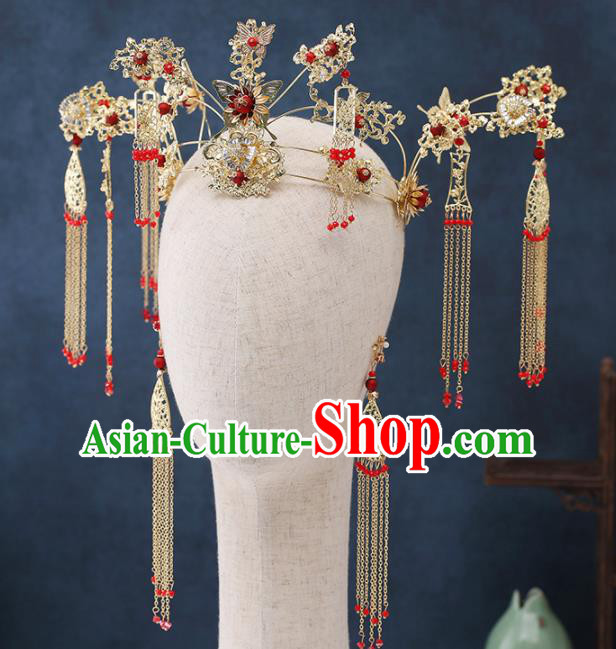 Traditional Chinese Wedding Handmade Golden Tassel Phoenix Coronet Ancient Bride Hairpins Hair Accessories Complete Set