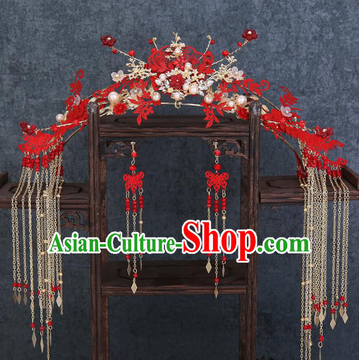 Traditional Chinese Wedding Handmade Red Phoenix Coronet Ancient Bride Hairpins Hair Accessories Complete Set