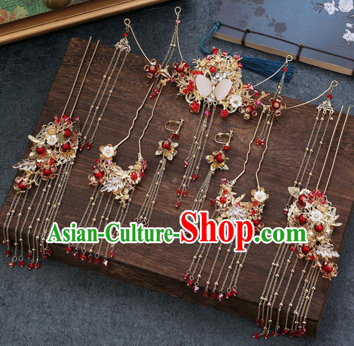 Traditional Chinese Wedding Handmade Tassel Hair Crown Ancient Bride Hairpins Hair Accessories Complete Set