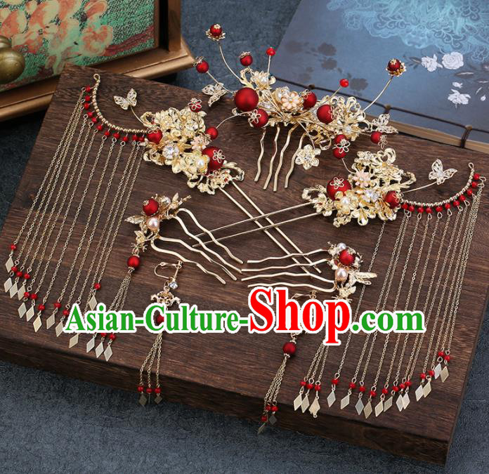 Traditional Chinese Wedding Handmade Hair Comb Ancient Bride Hairpins Hair Accessories Complete Set