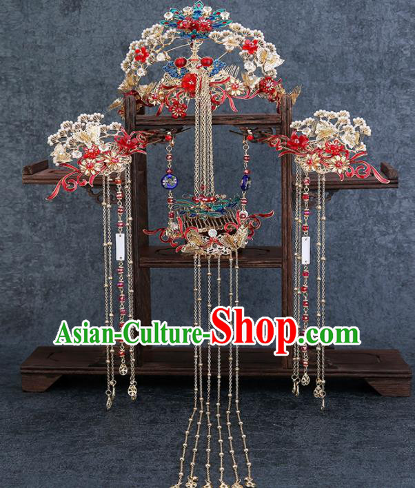 Traditional Chinese Wedding Handmade Phoenix Pine Hair Comb Ancient Bride Hairpins Hair Accessories Complete Set