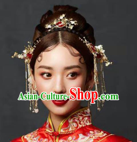 Traditional Chinese Wedding Handmade Red Crystal Hair Comb Ancient Bride Hairpins Hair Accessories Complete Set