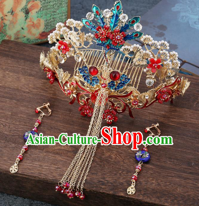 Traditional Chinese Wedding Handmade Phoenix Pine Hair Comb Ancient Bride Hairpins Hair Accessories Complete Set