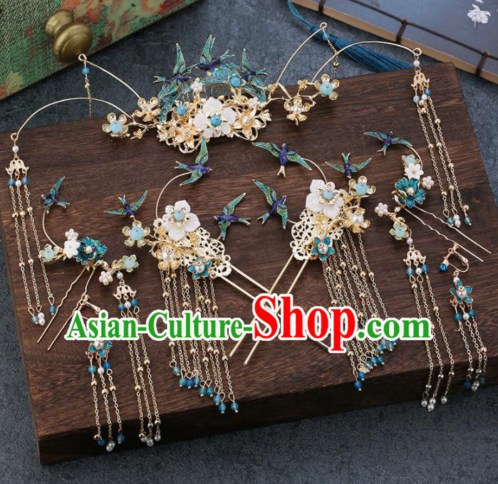 Traditional Chinese Wedding Handmade Blue Birds Hair Comb Ancient Bride Hairpins Hair Accessories Complete Set