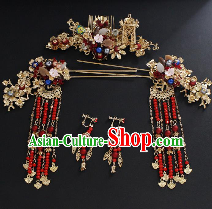 Traditional Chinese Wedding Handmade Hair Comb Ancient Bride Hairpins Hair Accessories Complete Set