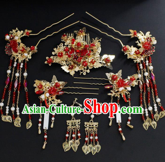 Traditional Chinese Wedding Handmade Red Crystal Hair Comb Ancient Bride Hairpins Hair Accessories Complete Set