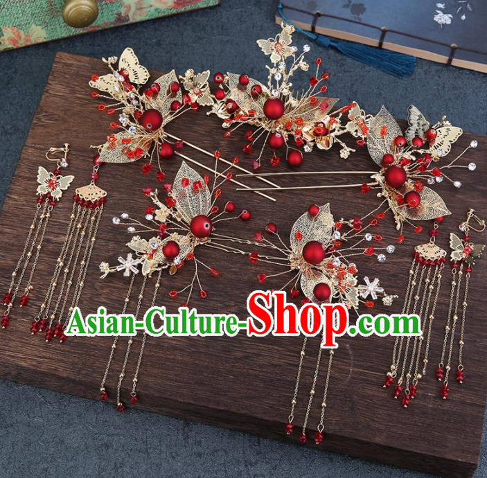 Traditional Chinese Wedding Handmade Red Beads Hair Comb Ancient Bride Hairpins Hair Accessories Complete Set