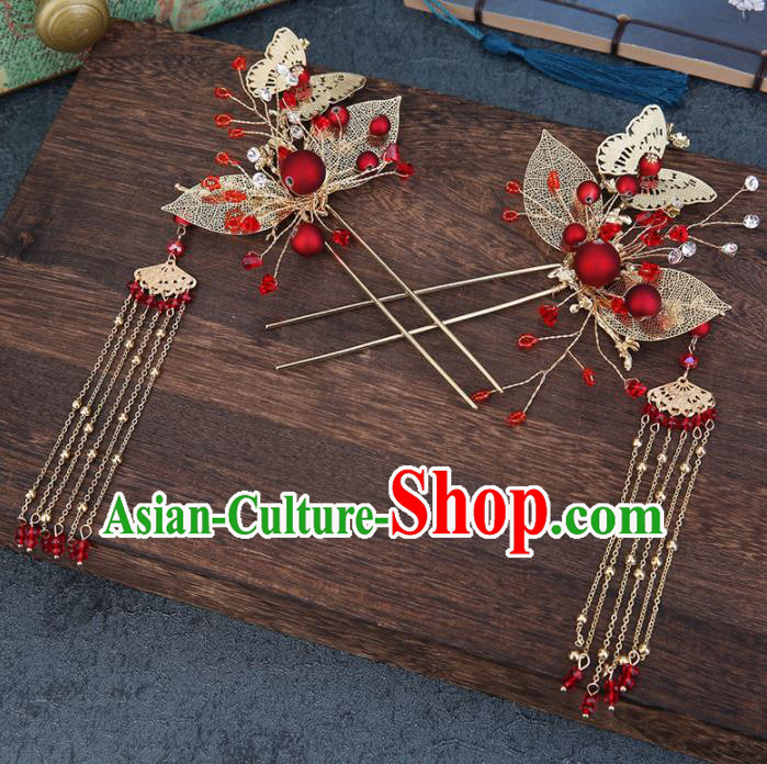 Traditional Chinese Wedding Handmade Red Beads Hair Comb Ancient Bride Hairpins Hair Accessories Complete Set