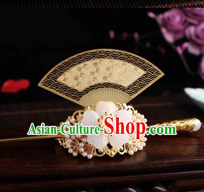 Traditional Chinese Hanfu Golden Fan Hair Crown Ancient Court Princess Hairpins Handmade Hair Accessories for Women