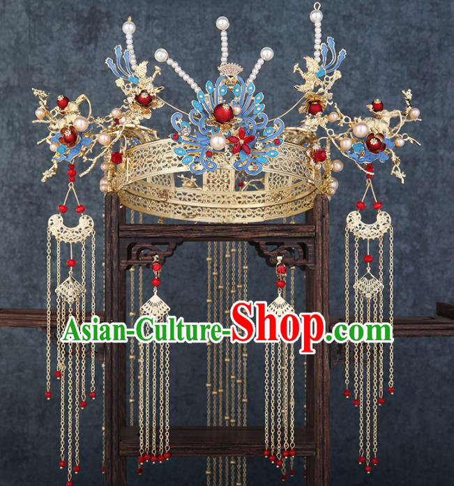 Traditional Chinese Wedding Handmade Blue Phoenix Coronet Ancient Bride Hairpins Hair Accessories Complete Set