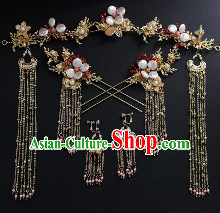 Traditional Chinese Wedding Handmade Shell Hair Clasp Ancient Bride Hairpins Hair Accessories Complete Set