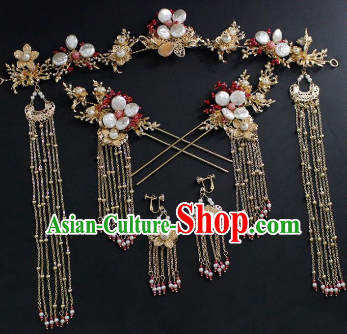 Traditional Chinese Wedding Handmade Shell Hair Clasp Ancient Bride Hairpins Hair Accessories Complete Set