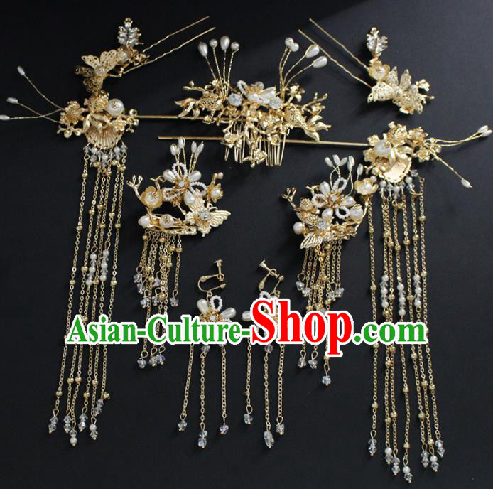 Traditional Chinese Wedding Handmade Golden Hair Comb Ancient Bride Hairpins Hair Accessories Complete Set