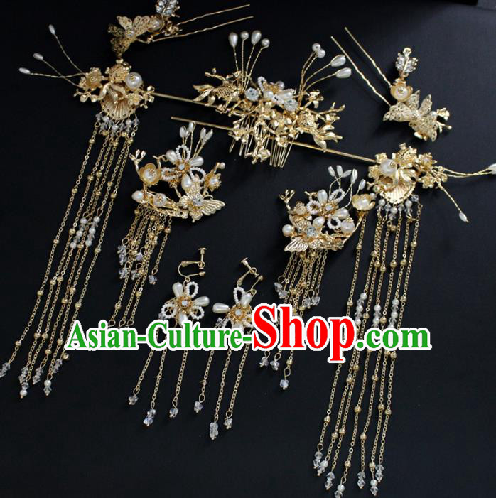 Traditional Chinese Wedding Handmade Golden Hair Comb Ancient Bride Hairpins Hair Accessories Complete Set