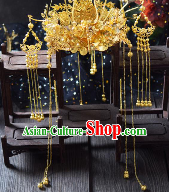 Traditional Chinese Handmade Golden Tassel Phoenix Coronet Ancient Wedding Bride Hairpins Hair Accessories for Women