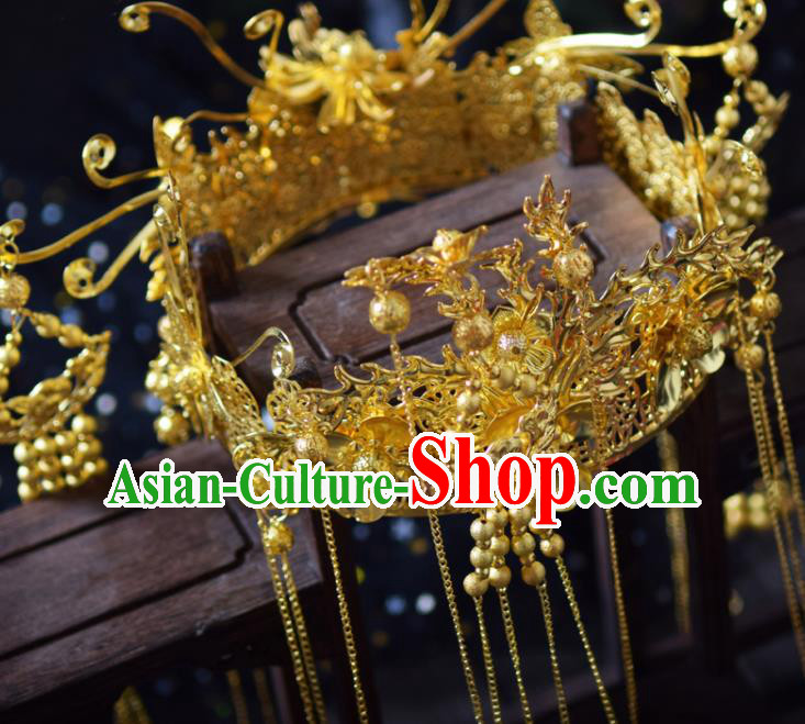 Traditional Chinese Handmade Golden Tassel Phoenix Coronet Ancient Wedding Bride Hairpins Hair Accessories for Women