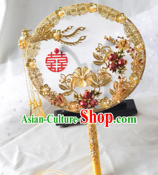 Traditional Chinese Handmade Wedding Golden Phoenix Round Fans Ancient Bride Palace Fan for Women