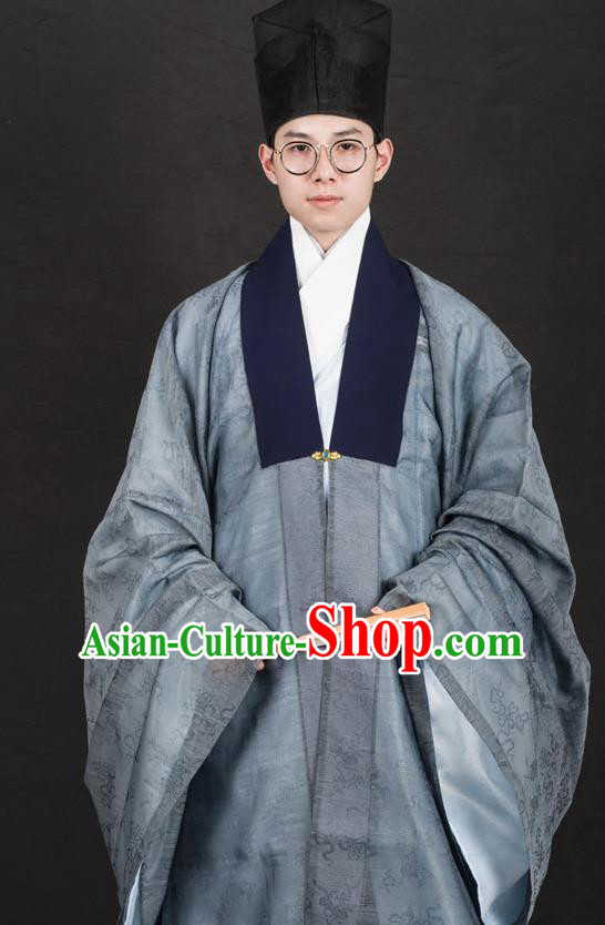 Traditional Chinese Ming Dynasty Swordsman Replica Costumes Ancient Taoist Priest Grey Hanfu Cloak for Men