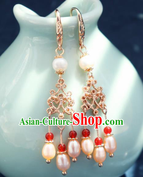 Traditional Chinese Handmade Pearls Tassel Earrings Ancient Hanfu Ear Accessories for Women